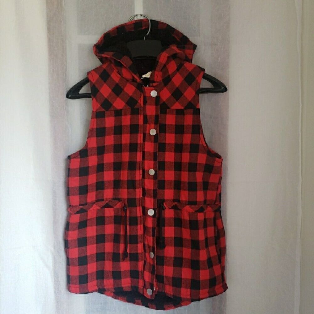 Ninexis Women's Flannel Vest Size S Full Zip Hooded Insulated Red Black Buffalo